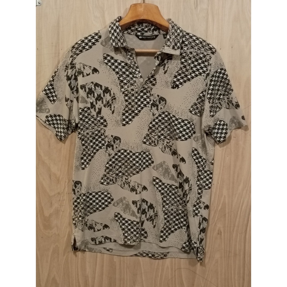 TravisMathew Mens Large Polo Shirt Tan Abstract Houndstooth Short Sleeve Golf L
